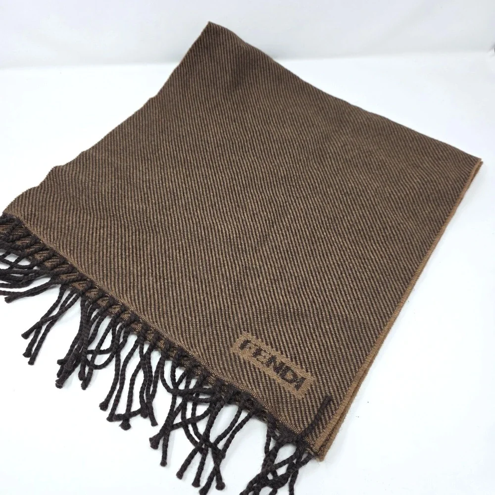 Fendi Winter Scarf Mens 64x15 Brown Striped Wool Fringed Hem Made In Italy